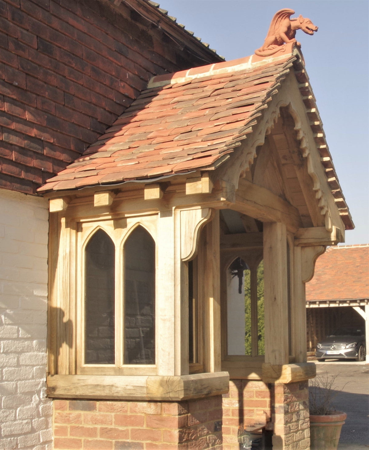 Green Oak frame Porch produced by hand in Kent